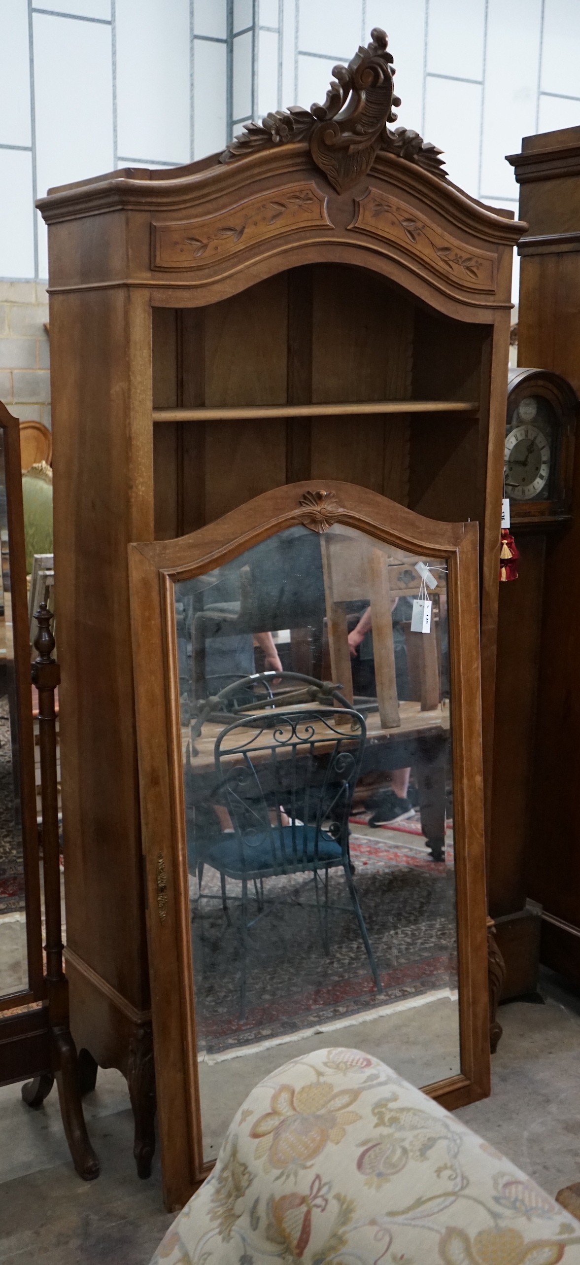 An early 20th century French mahogany mirrored armoire (no hinge for door), width 100cm, depth 50cm, height 232cm